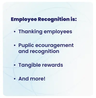 Employee recognition definition graphic showing key elements including thanking employees, public encouragement, and tangible rewards