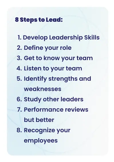 Eight steps to lead a team infographic — manager effectiveness guide covering employee recognition, listening, and leadership skill development