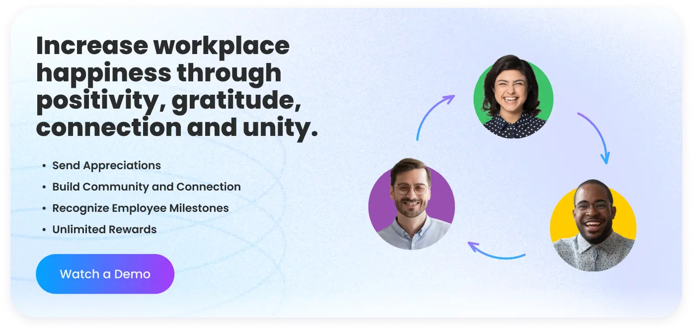 Motivosity employee recognition platform CTA — increase workplace happiness through positivity, gratitude, connection, and peer recognition