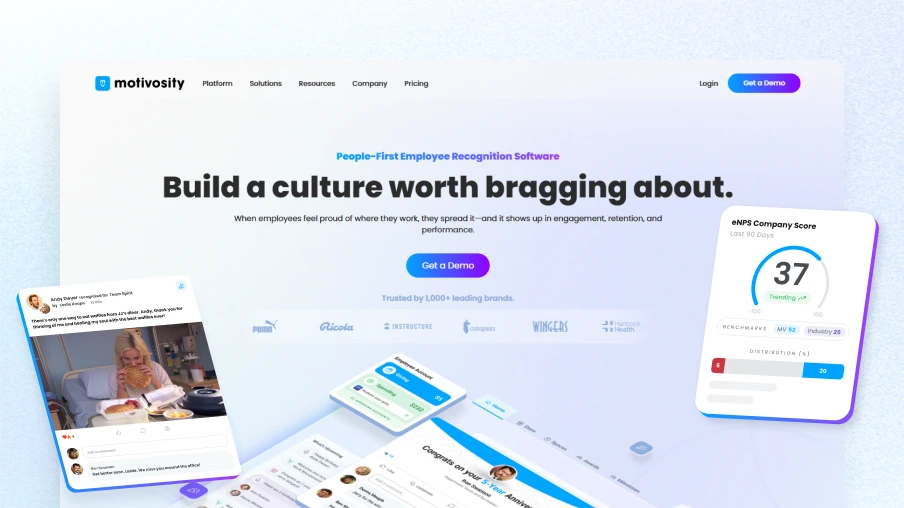 Motivosity employee recognition software homepage — people-first recognition and rewards platform for building culture and improving employee retention