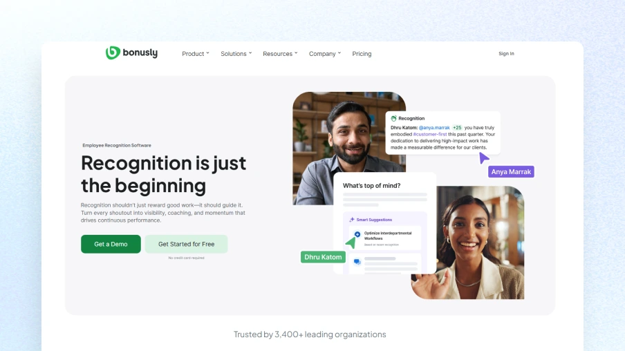 Bonusly employee recognition software homepage — peer recognition and performance enablement platform for everyday engagement habits