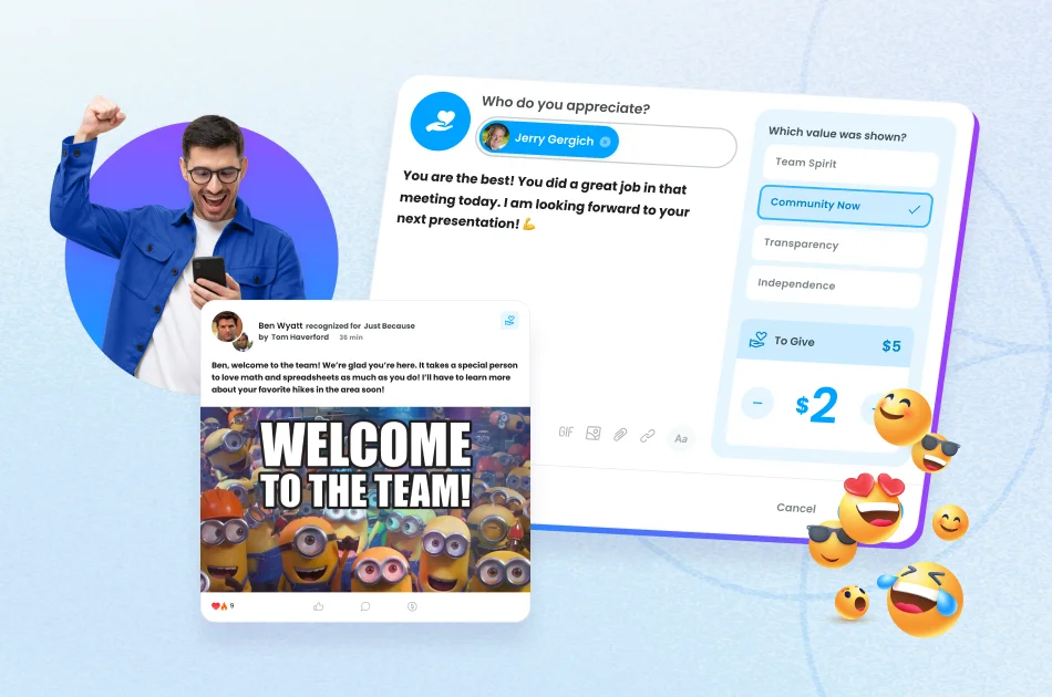 Peer-to-peer recognition examples blog header — Motivosity employee recognition platform with values-based appreciation, social feed, and peer shoutouts