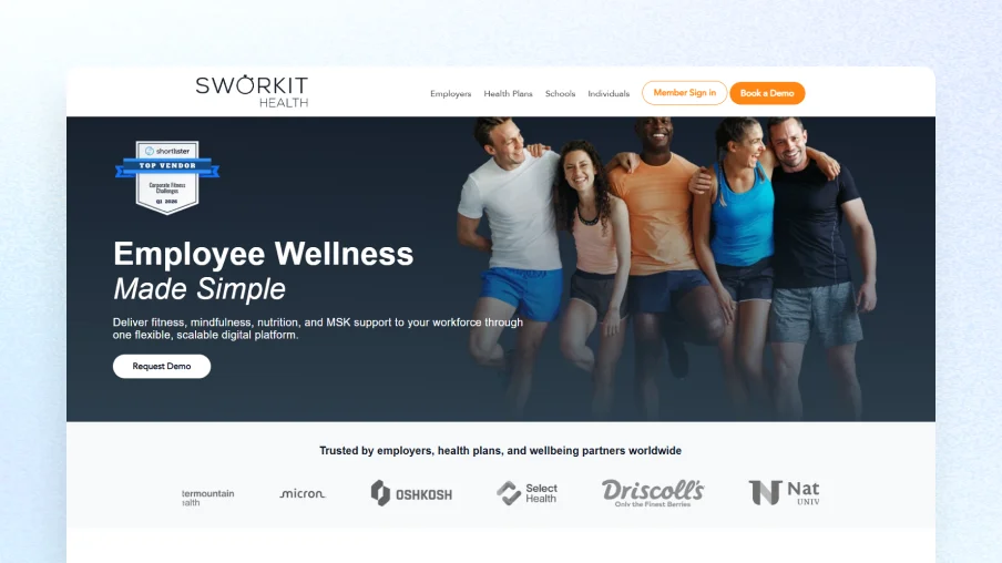 Sworkit Health employee wellness software homepage — personalized fitness, mindfulness, and movement programs for workplace well-being