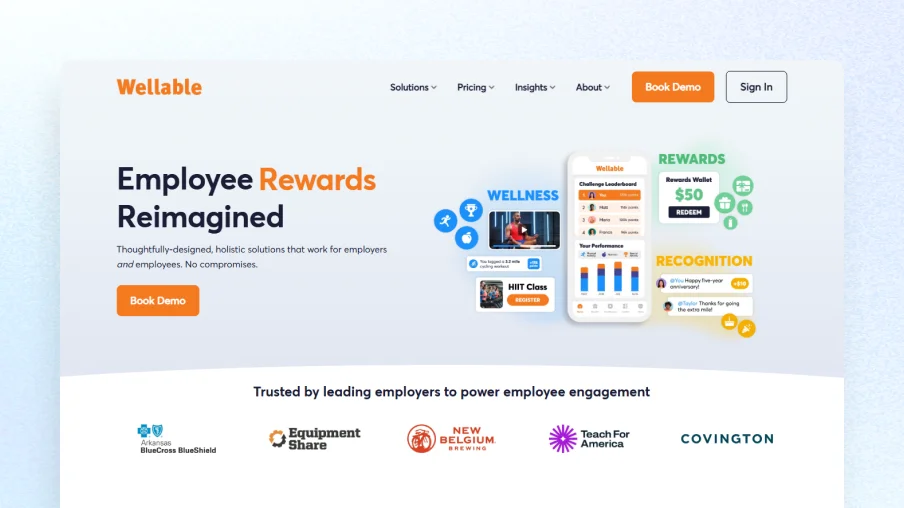 Wellable employee wellness platform homepage — holistic physical and mental wellness programs with rewards and health coaching