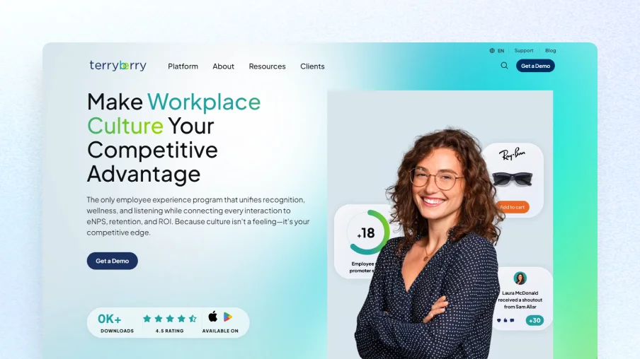 Terryberry employee engagement platform homepage — recognition and wellness challenges combined for workplace culture and retentio