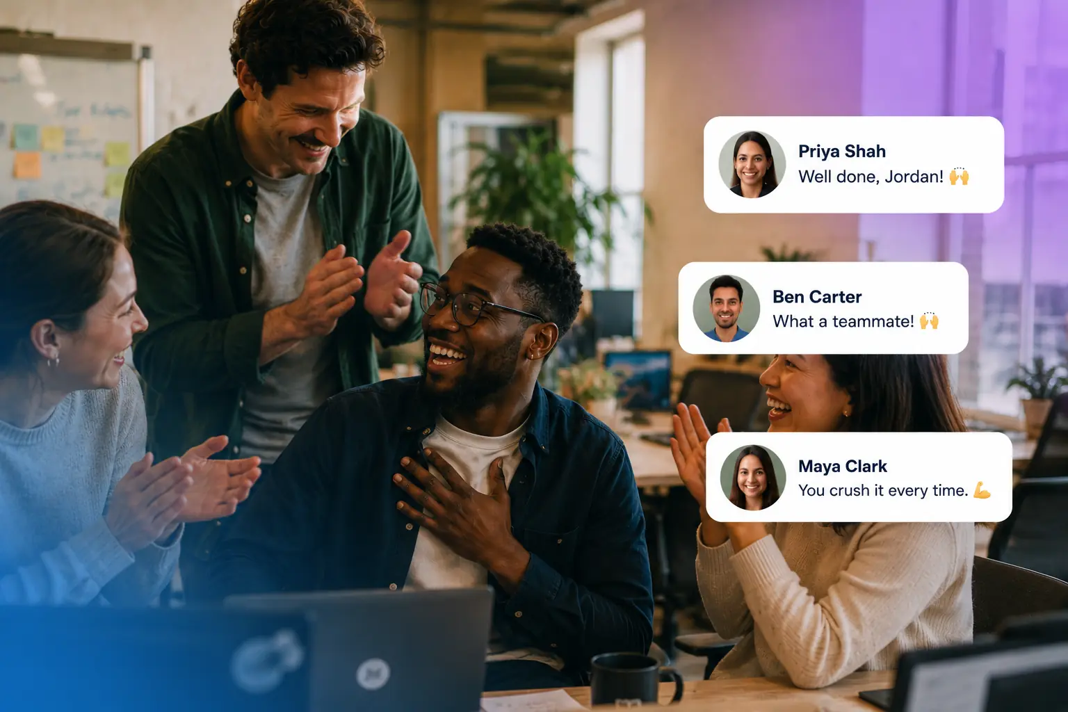 Coworkers cheer a teammate while peer recognition messages appear, showing Motivosity's employee engagement platform in use. 