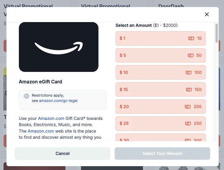Nectar reward selection screen showing an Amazon eGift Card and dollar amount options