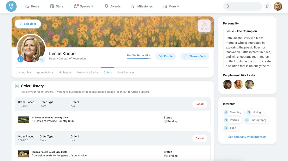 Motivosity employee profile showing order history with reward purchases like country club golf and courtside seats