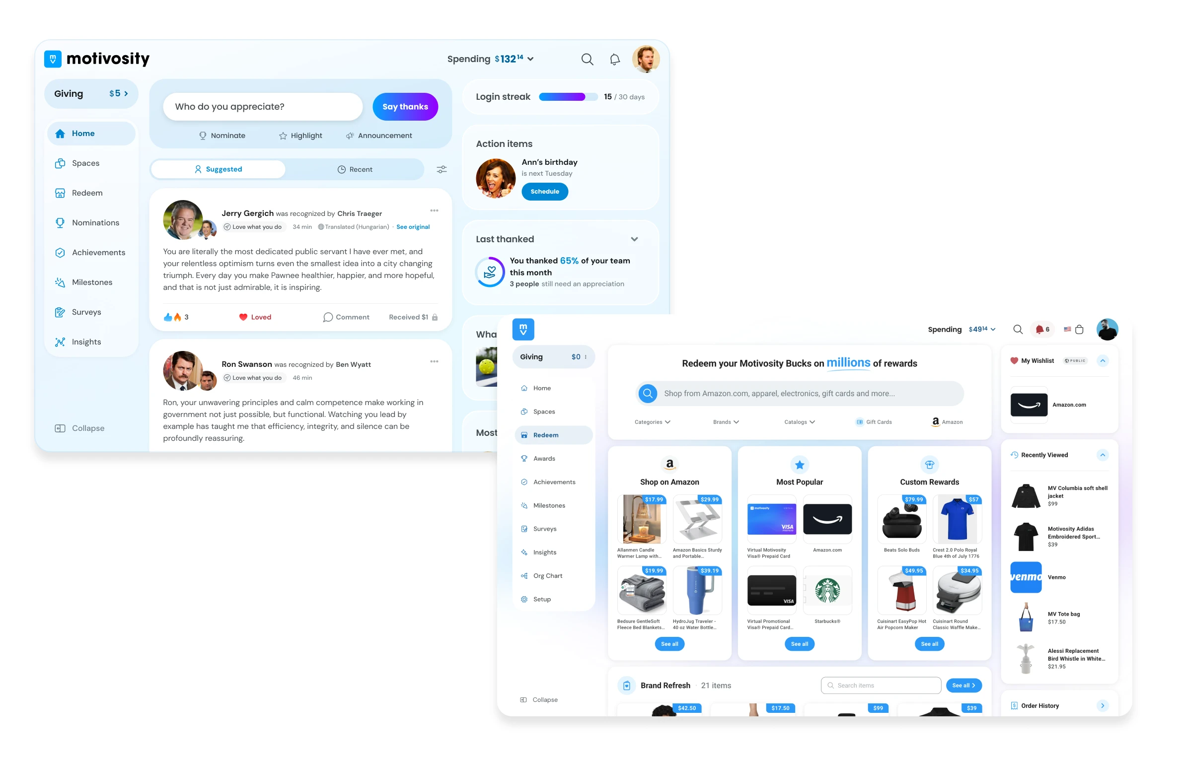 Motivosity home page UI along with Motivosity Marketplace.