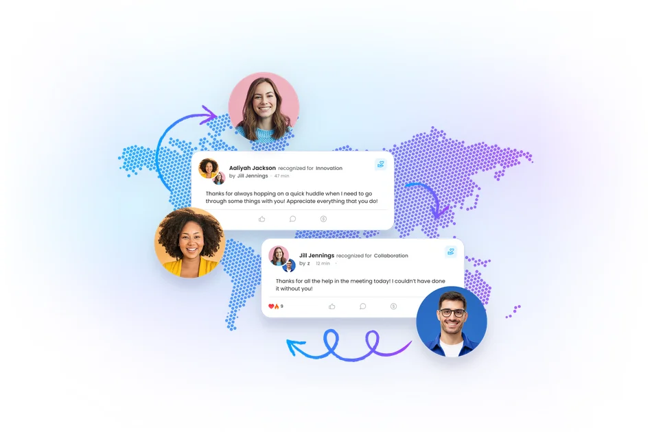 Peer-to-peer recognition cards being shared and appreciated by employees on Motivosity