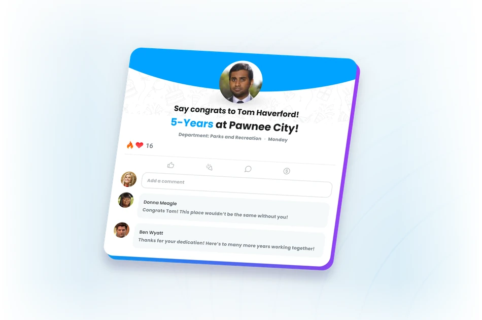 Motivosity social feed post celebrating an employee's 5-year work anniversary milestone