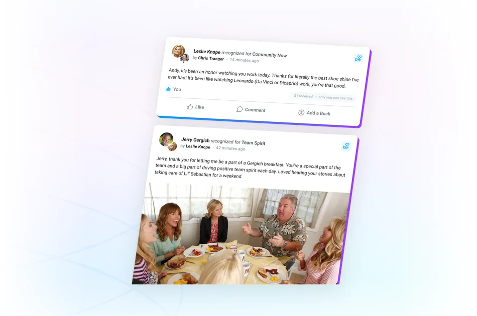 Employees connecting and recognizing each other on Motivosity's employee engagement and social connection platform.
