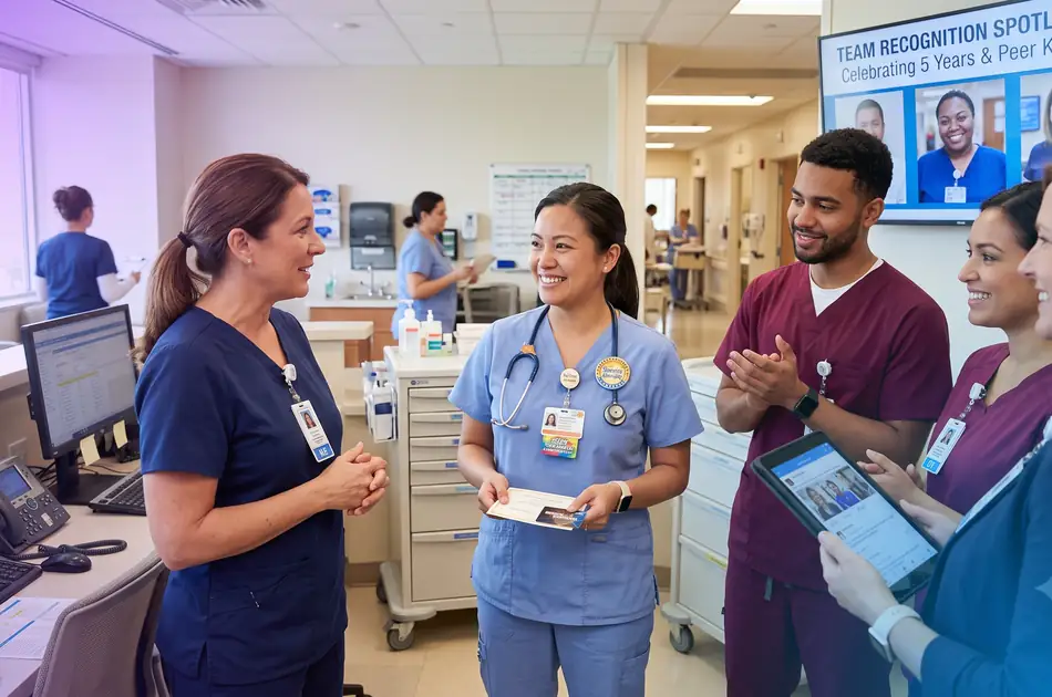 Hospital nurses and healthcare staff celebrating peer recognition at a nursing station with a team recognition spotlight on screen