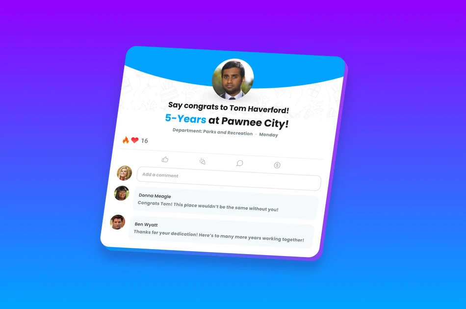 Motivosity social feed showing a peer celebrating a coworker's 5-year work anniversary milestone