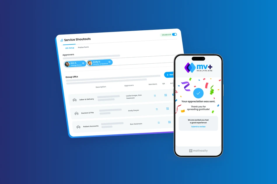 Motivosity Service Shoutouts admin panel and mobile appreciation confirmation screen for a healthcare organization