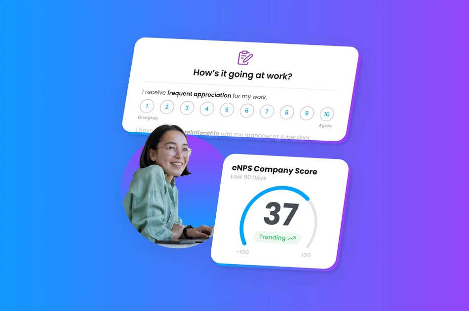 Employee pulse survey and eNPS score dashboard, representing how companies measure workplace flexibility and engagement