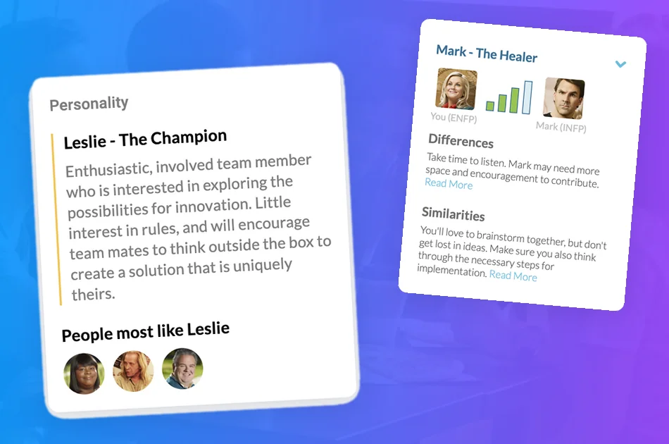 Two Motivosity personality profile cards: a type description and a similarities-differences comparison on a gradient