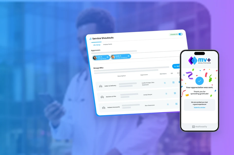 A physician on his phone beside a real Motivosity Service Shoutouts screen showing healthcare recognition groups for Labor and Delivery, Doctors and PAs, and Patient Accounts