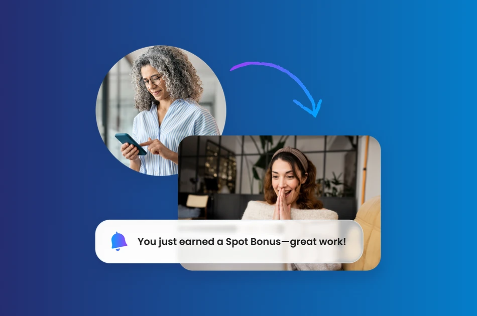 Employee celebrating after receiving a spot bonus notification on their phone, representing financial rewards and recognition