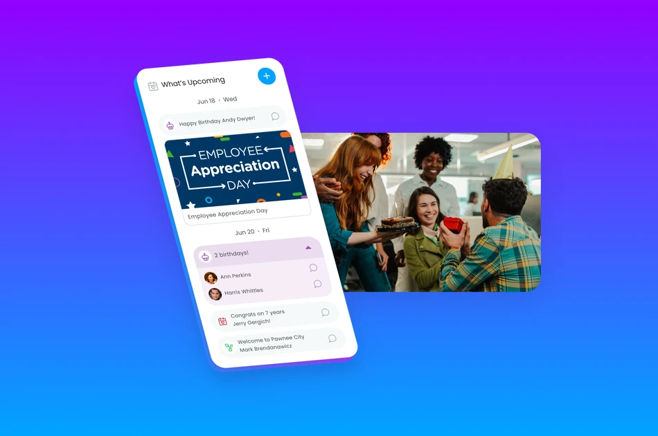 Employee milestone alerts for birthdays and anniversaries, representing recognition tools for financial services retention