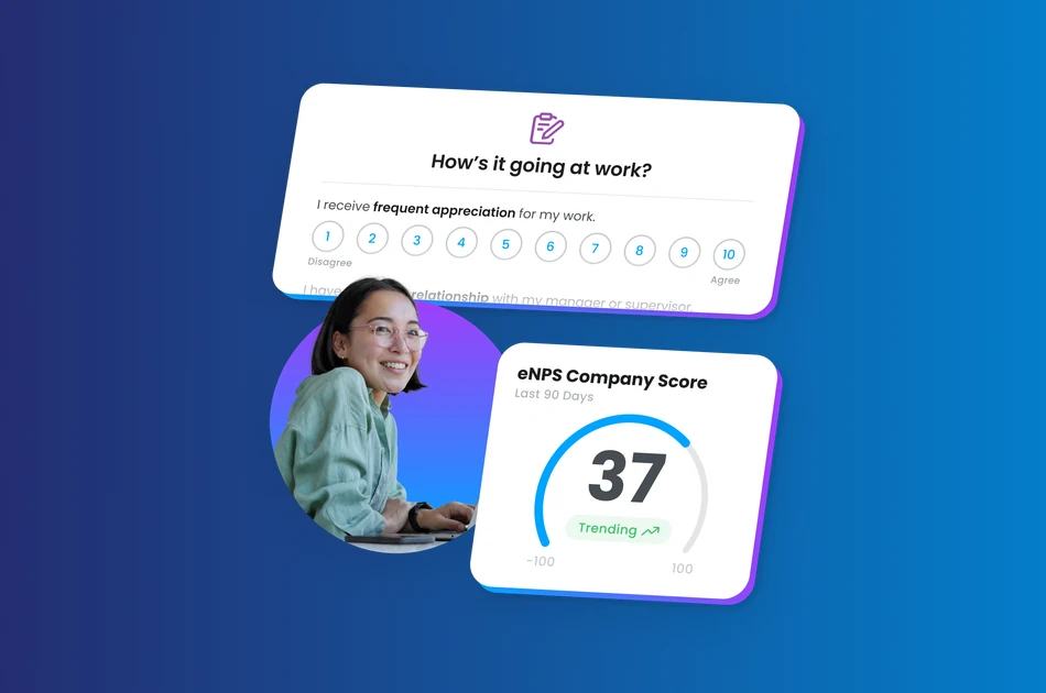 Motivosity pulse survey and eNPS company score dashboard showing employee feedback trends