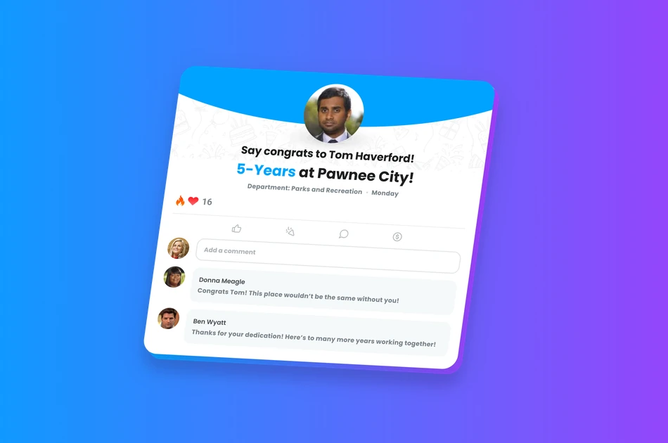 Motivosity milestone celebration post with playful peer comments, showing how play builds connection at work