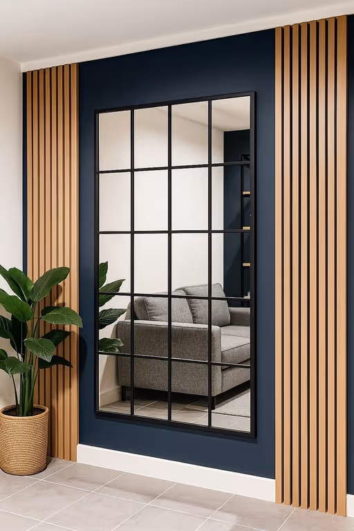 A navy wall with timber slats