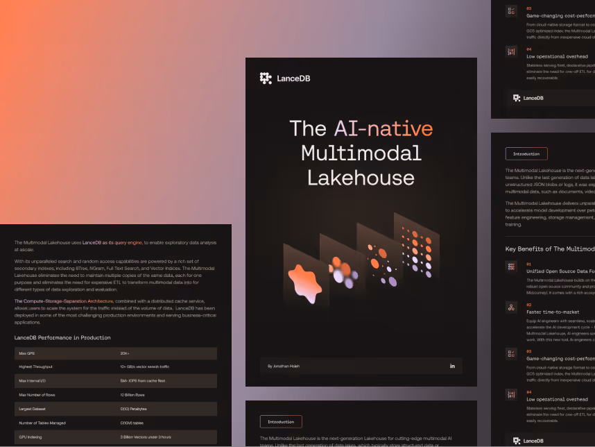 LanceDB presentation slide titled 'The AI-native Multimodal Lakehouse' featuring an abstract data visualization with layered panels of connected dots and launch icon.