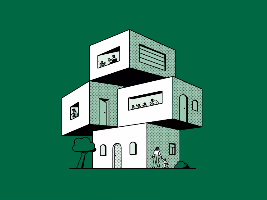 Illustration of a modern, stacked three-story house with people visible through the windows and a person walking a dog outside.