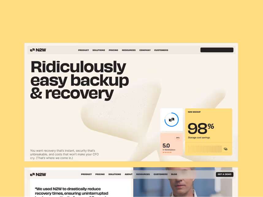 Website banner for N2W showing headline 'Ridiculously easy backup & recovery' with 98% storage cost savings and a 5.0 rating badge.