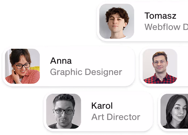 Profile cards of five professionals with headshots and titles, including Anna Graphic Designer, Karol Art Director, and Tomasz Webflow Developer.