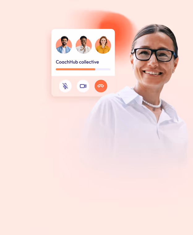 Smiling woman wearing glasses and a white shirt with a digital interface showing three profile pictures and video call controls labeled CoachHub collective.