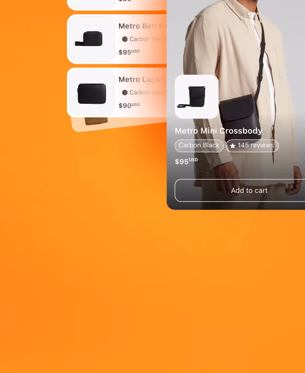 Man wearing a beige shirt carrying a black Metro Mini Crossbody bag over his shoulder, with product details and price on an orange background.