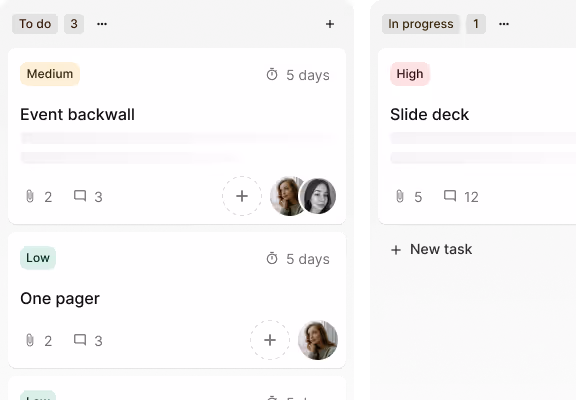 Kanban board section displaying task cards categorized as To do and In progress with priorities labeled Medium, Low, and High, showing task titles, comment and attachment counts, and user avatars.