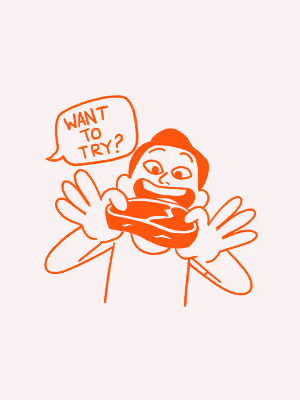 Orange line drawing of a person holding and biting into a sandwich with a speech bubble saying 'Want to try?'.