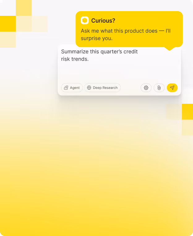 User interface showing a chat bubble asking to summarize this quarter’s credit risk trends with options labeled Agent and Deep Research.