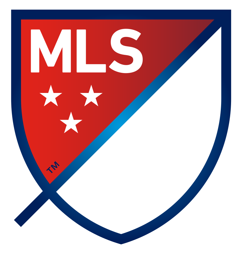 MLS shield logo with red upper left section containing white letters MLS and three white stars, blue border and white lower right section.