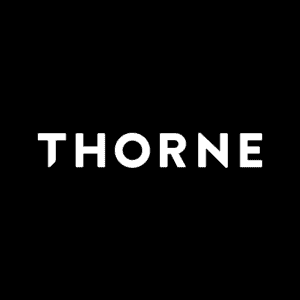 Thorne brand logo with white text on a black background.