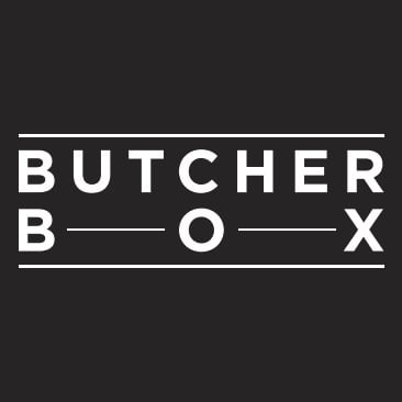 Butcher Box logo with white text and horizontal lines on a black background.