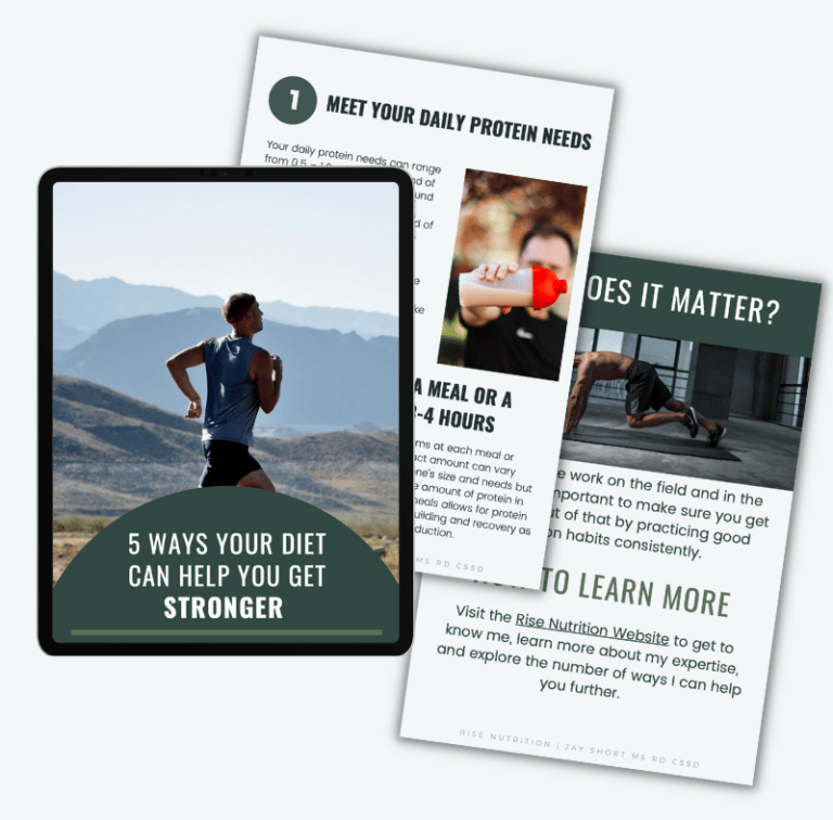 Digital tablet displaying a man running outside with mountains in the background and text reading '5 ways your diet can help you get stronger', alongside two nutrition guide pages.
