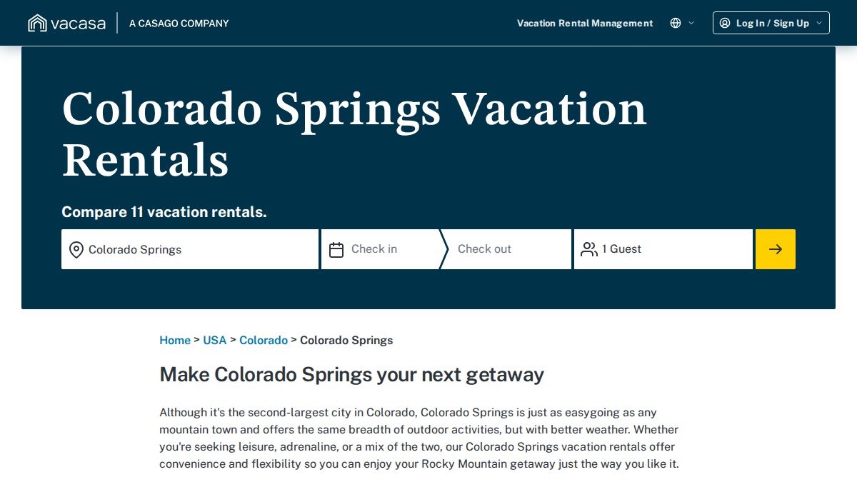 Screenshot of Colorado Springs page on vacasa.com