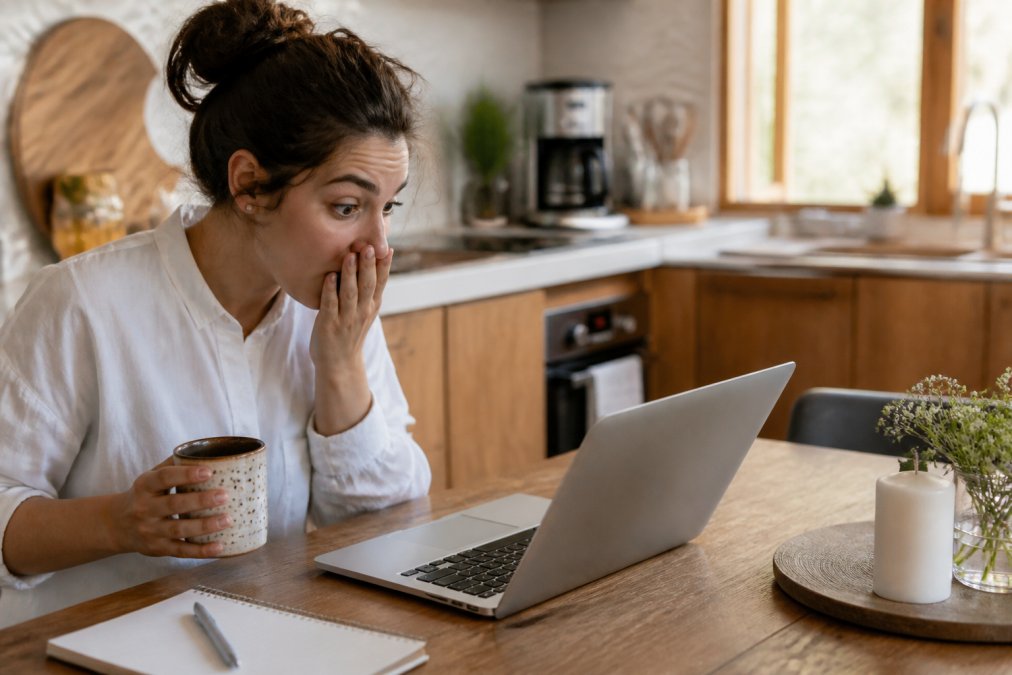 A traveler sitting at a kitchen table with a laptop open showing a vacation rental checkout page, looking surprised while reviewing the final price breakdown, coffee mug nearby, warm natural light coming through a window