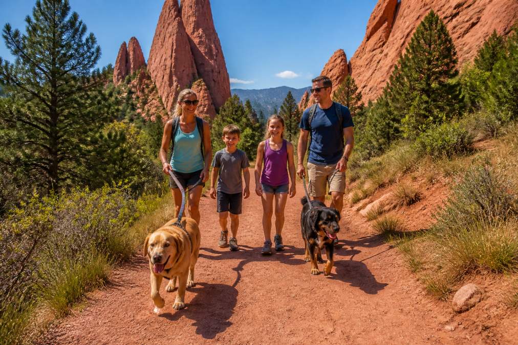 A family of four with two dogs on leashes hiking a wide red-rock trail in Colorado Springs, surrounded by towering sandstone formations and pine trees, bright midday sunlight casting sharp shadows on the trail