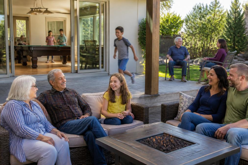 Multi-generational family enjoying a spacious vacation home with private yard, game room visible through glass doors in the background, kids and adults relaxed and smiling together on comfortable outdoor furniture in natural daylight