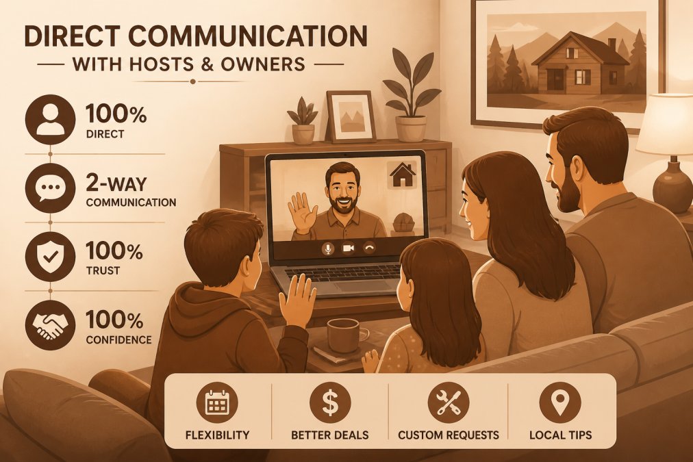 Family video calling with a property owner on a laptop in their living room before their vacation arrival, showing friendly conversation and genuine trust-building interaction in warm home lighting