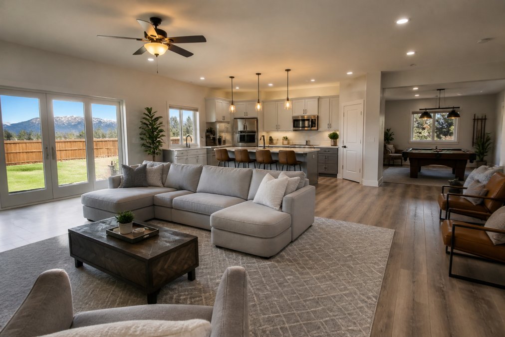A spacious, modern vacation home interior with light gray furnishings, a fully equipped kitchen with stainless steel appliances, comfortable seating area with mountain views visible through large windows, and a game room with a pool table in the background; warm natural lighting streaming through large windows showing a well-maintained living space with a private yard visible outside