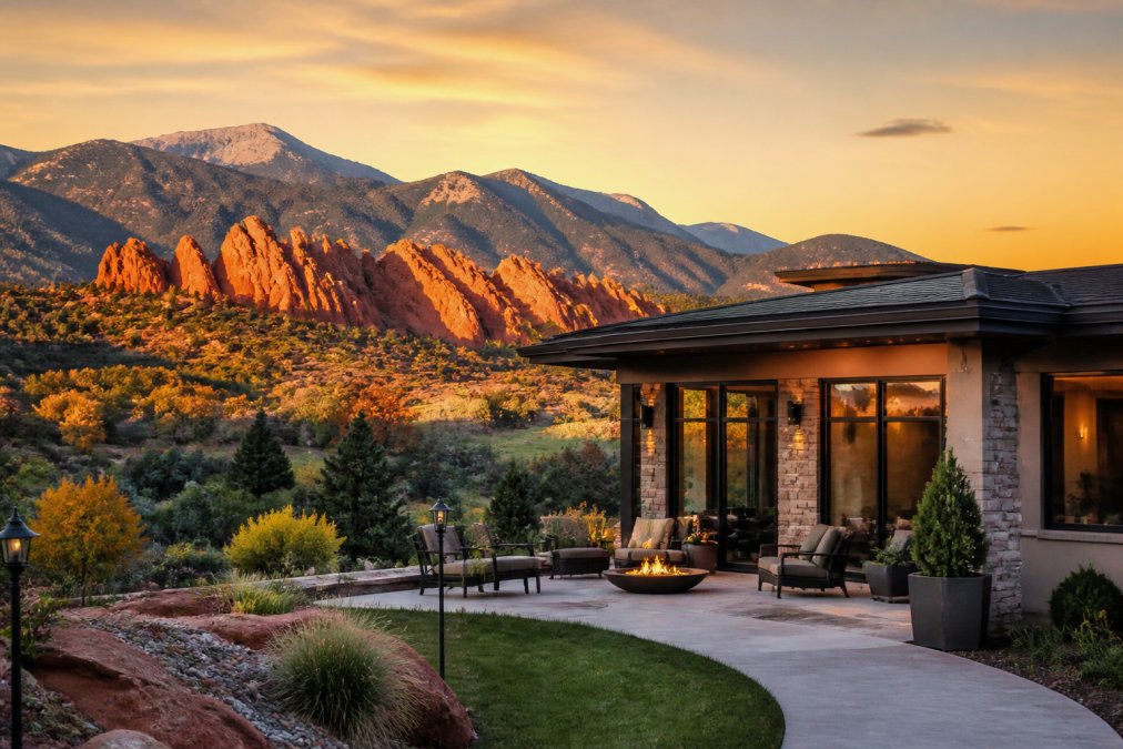 Scenic Colorado Springs landscape at golden hour with Garden of the Gods' distinctive red rock formations rising dramatically in the background, a luxury property with manicured grounds and contemporary architecture in the foreground, mountain views visible across the property, natural warm lighting highlighting the landscape and architecture