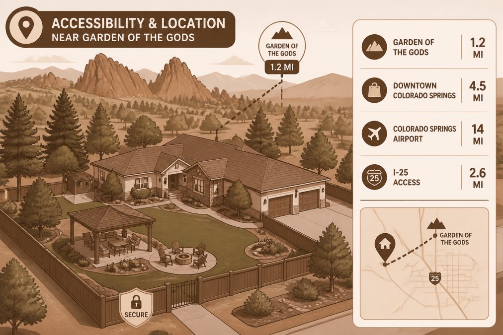 An aerial view of a residential property with a secure fenced yard and mature landscaping, showing proximity to natural Colorado landscape with distinctive red rock formations visible in the distance