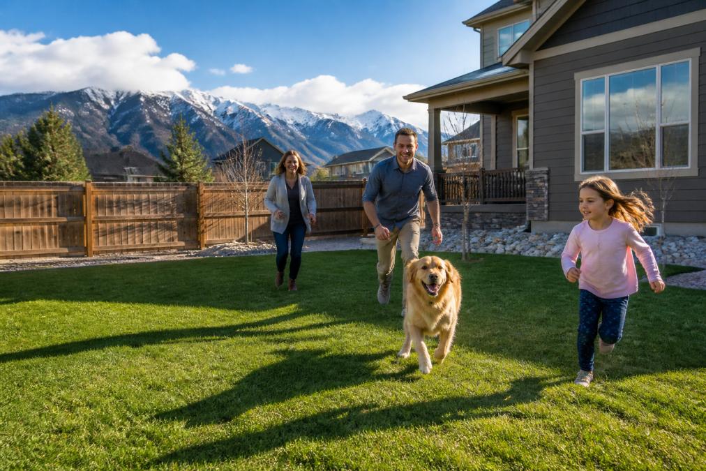 A spacious vacation home with a large private fenced yard where a family and their golden retriever are playing together, mountain views visible in the background, afternoon sunlight casting long shadows across the grass