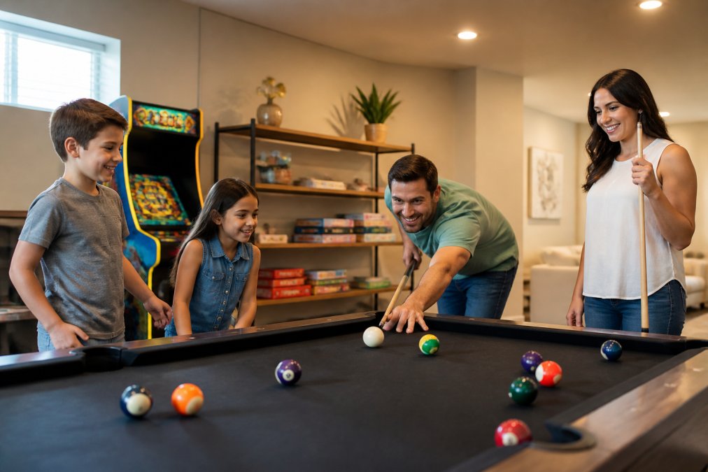 Professional illustration showing Family for vacation rentals with private game rooms